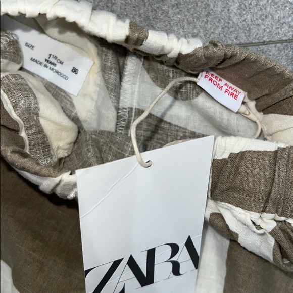 Zara Kids Olive and Cream Patterned printed linen blend Outfit shirt and shorts - Picture 3 of 5